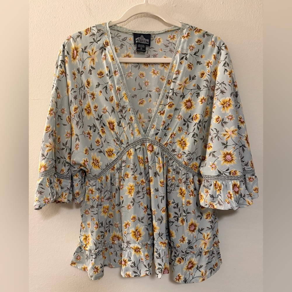 Angie Light Blue Floral V-Neck Peasant Blouse